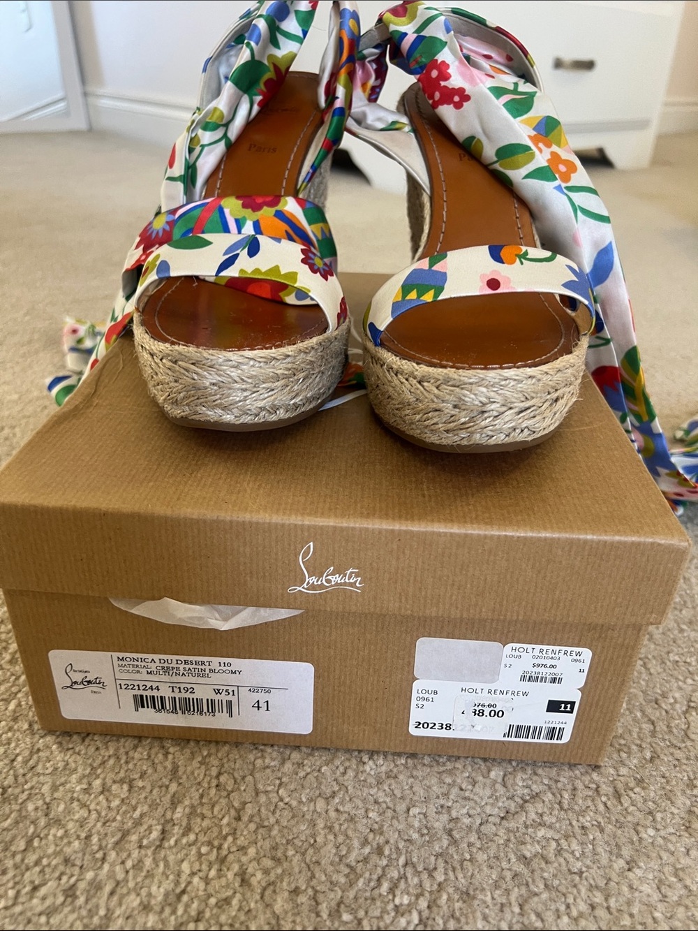Christian Louboutin Floral Espadrille Wedge Sandals in White, Red, Green, Blue